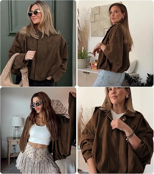 Womens Faux Suede Lapel Pilot Cropped Jacket