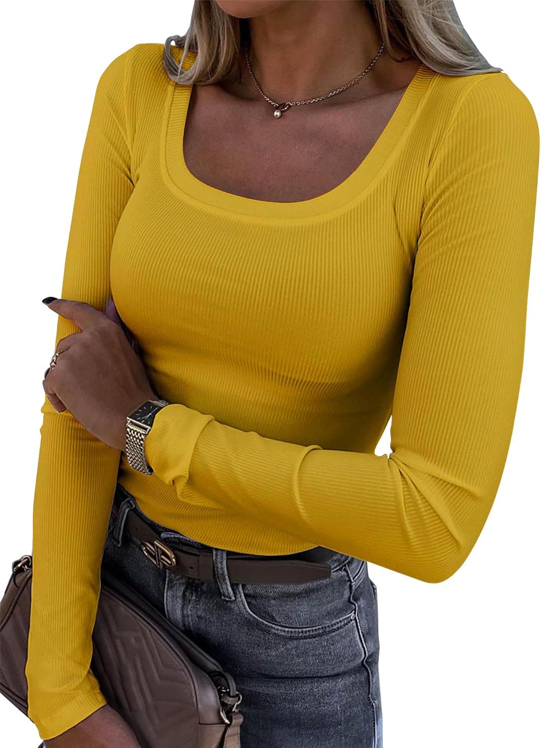Roselux Womens Long Sleeve Scoop Neck Ribbed Knit Fitted Casual Tops Tee Slim Basic Shirts