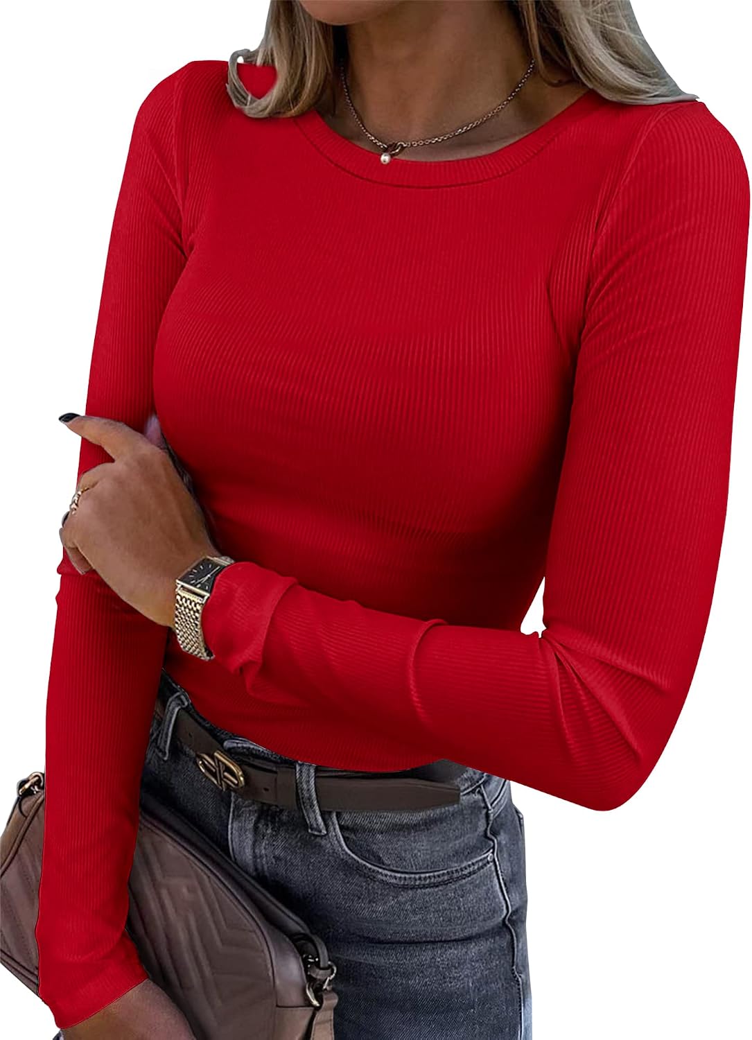 Roselux Womens Long Sleeve Stretch Crewneck Ribbed T-Shirt Fitted Casual Basic Tops