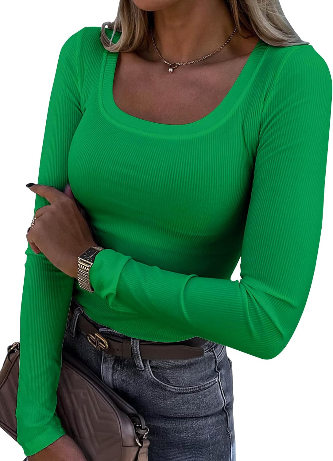 Roselux Womens Long Sleeve Scoop Neck Ribbed Knit Fitted Casual Tops Tee Slim Basic Shirts