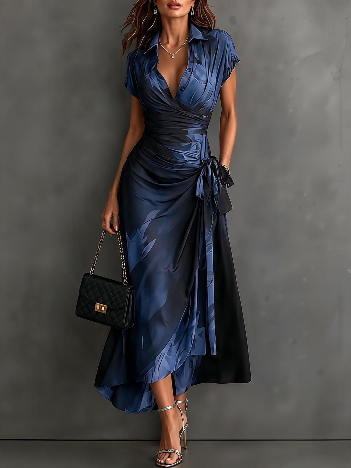 Blue Black Abstract Print Wrap Midi Dress Collared V Neck Short Sleeve Tie Waist Ruffled High‑Low Hem Dress
