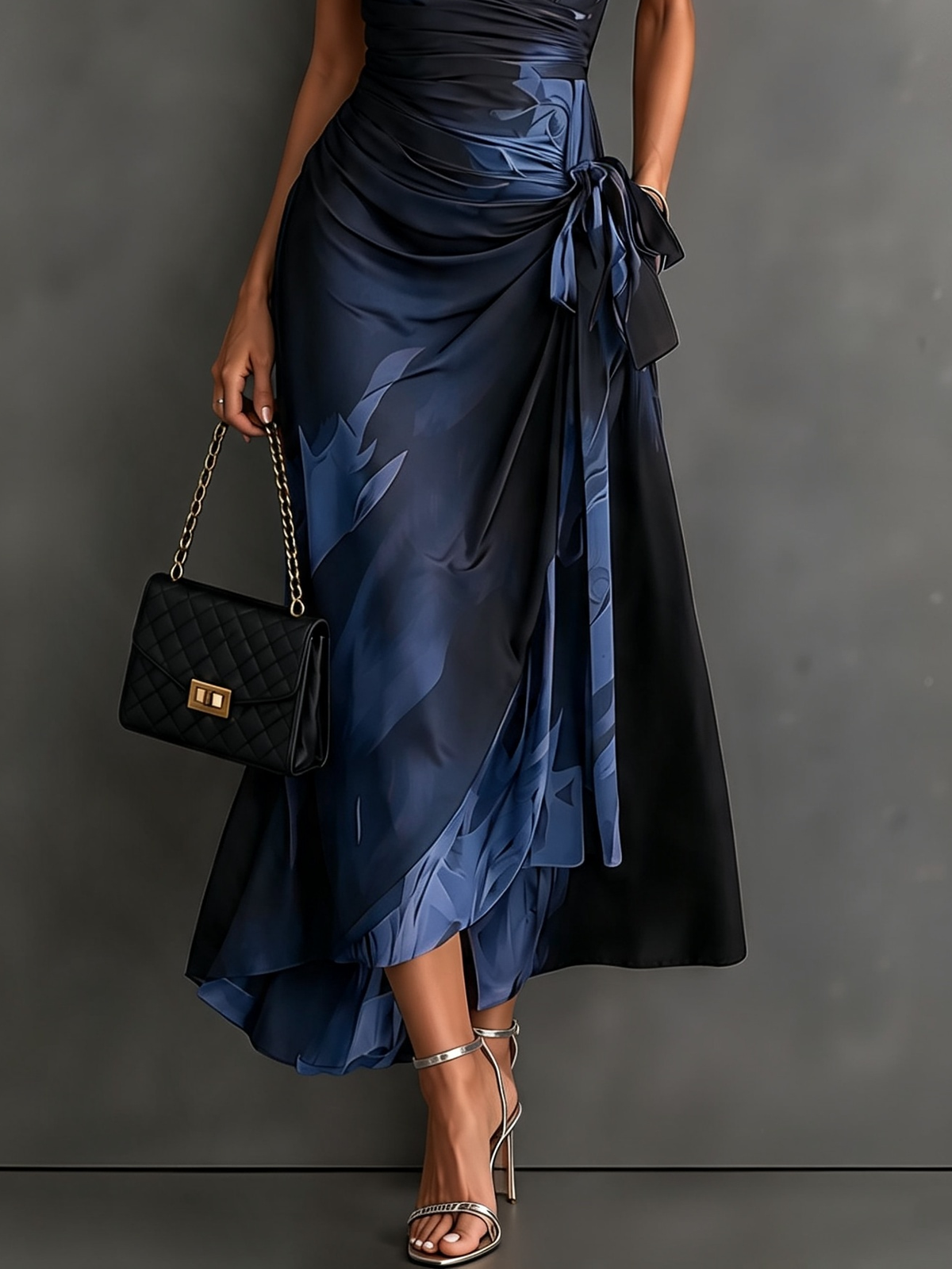 Blue Black Abstract Print Wrap Midi Dress Collared V Neck Short Sleeve Tie Waist Ruffled High‑Low Hem Dress