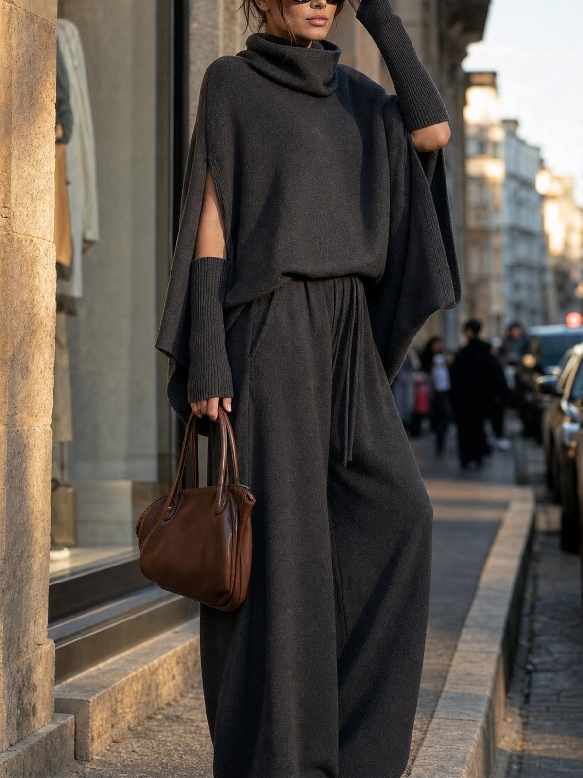 Cowl Neck Poncho Top With Wide-Leg Pants Two Pieces