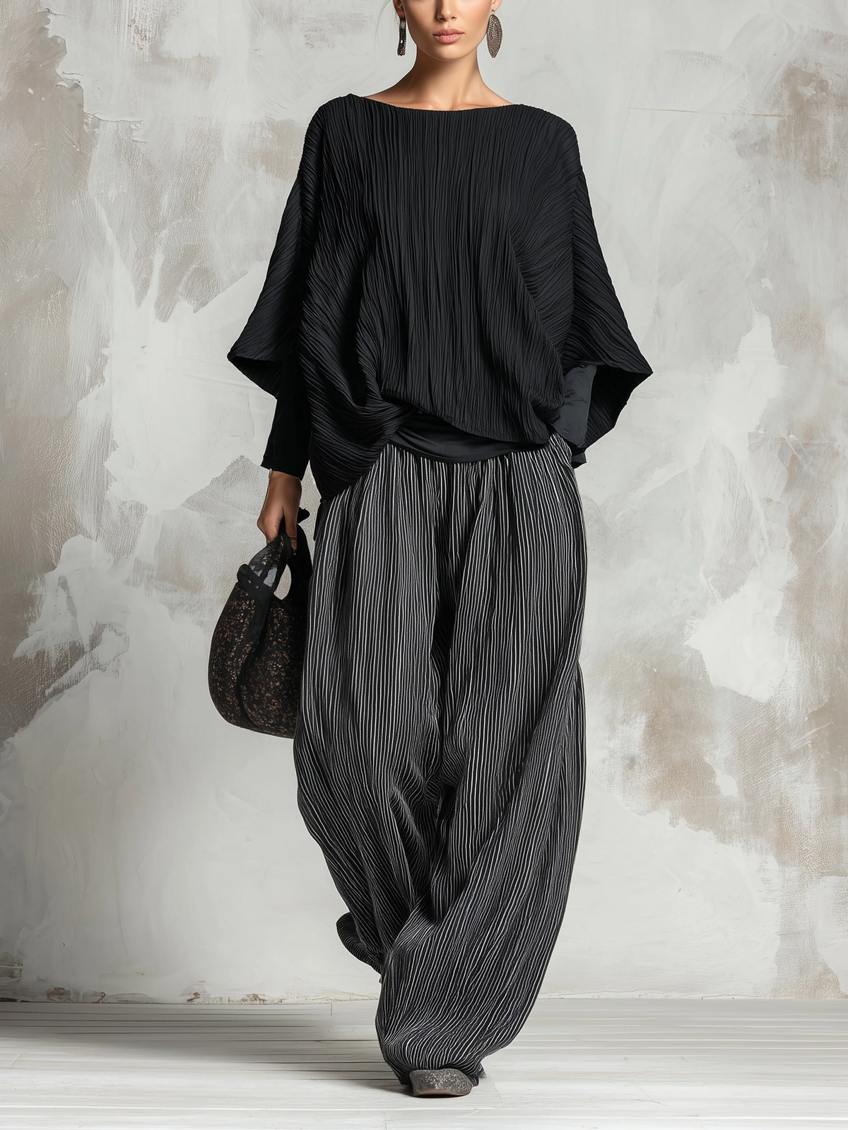 Relaxed Pleated Batwing Top and Wide-Leg Pants Two-Piece Set