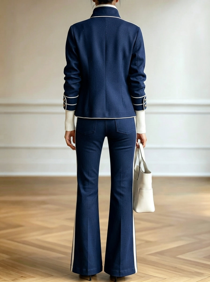 Navy White Piping Military Blazer Flared Pants Two Piece Set