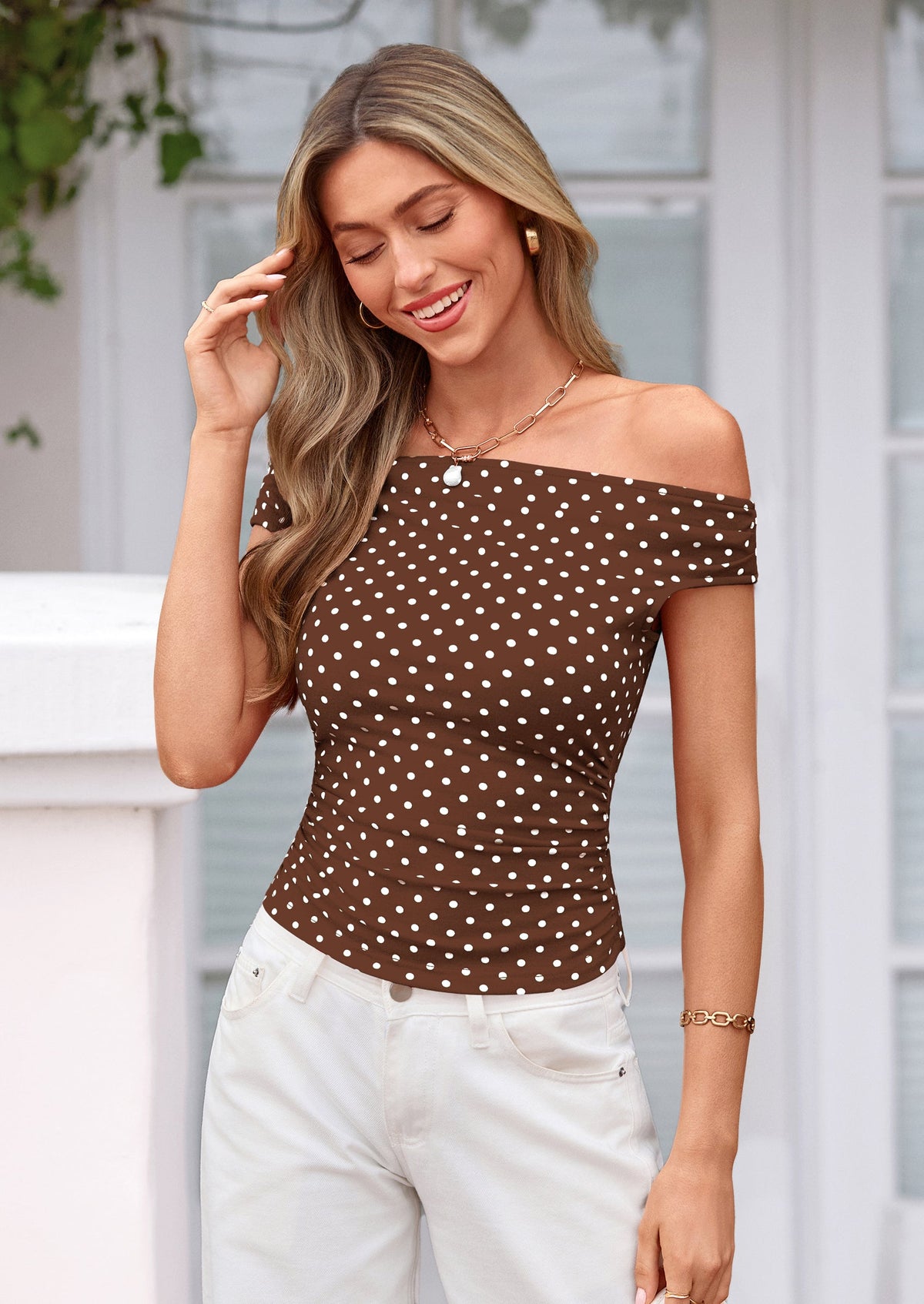 Women's Off-Shoulder Ruched Tank Top – Floral & Polka Dot Going-Out Top