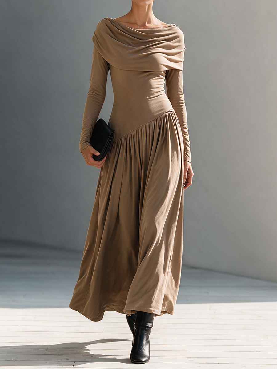 Brown Shawl Collar Asymmetric Gathered Pleated Maxi Dress