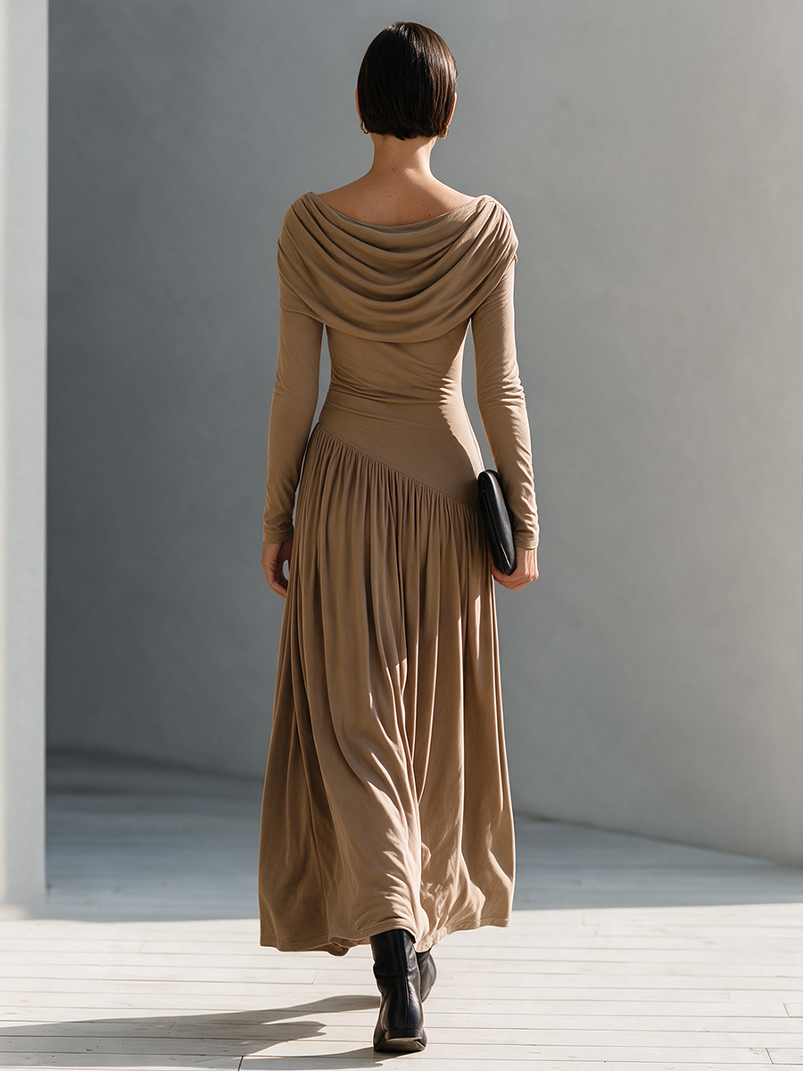 Brown Shawl Collar Asymmetric Gathered Pleated Maxi Dress