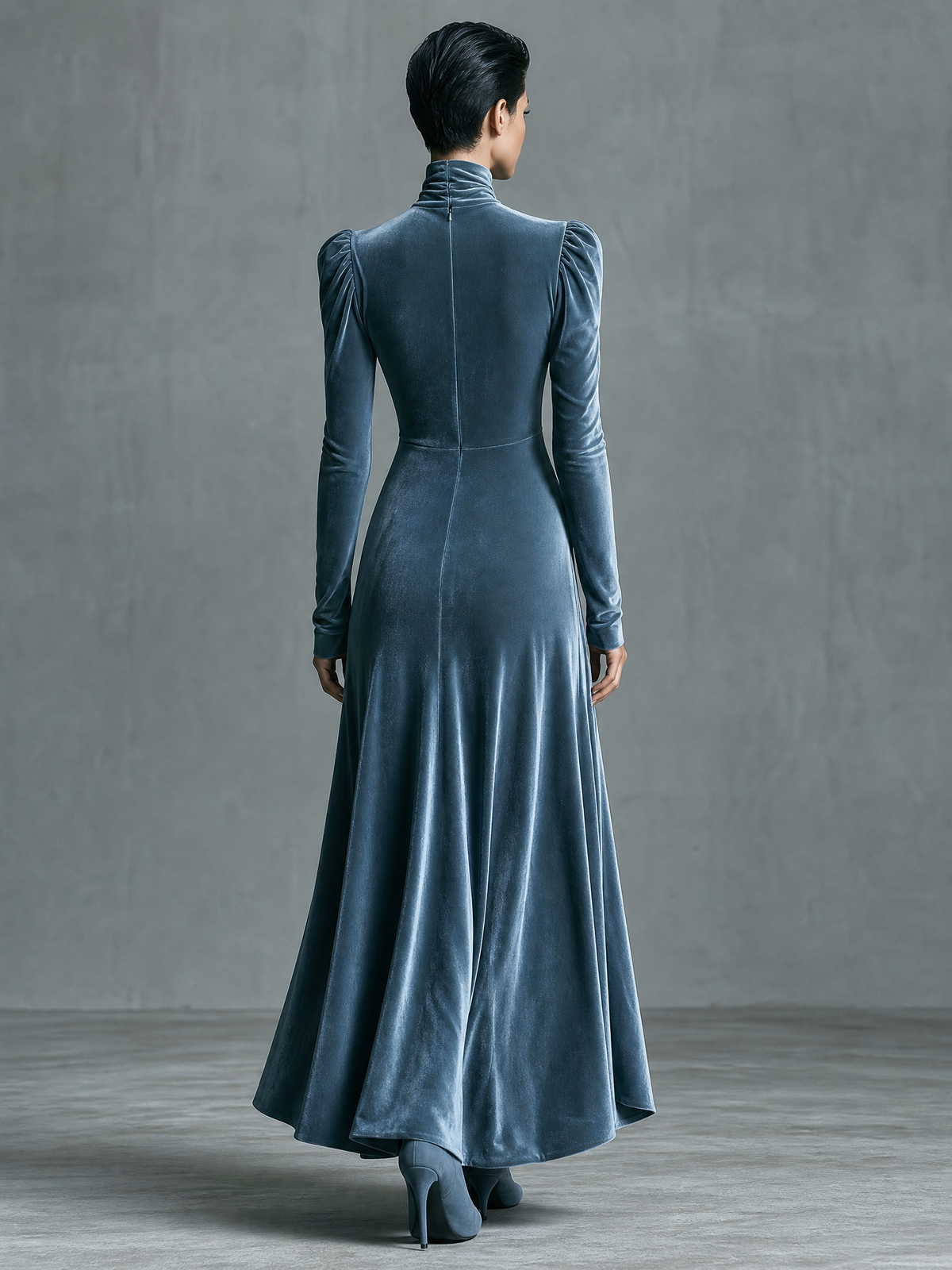 Dusty Blue Velvet Chest Cutout Twist High Neck Maxi Dress