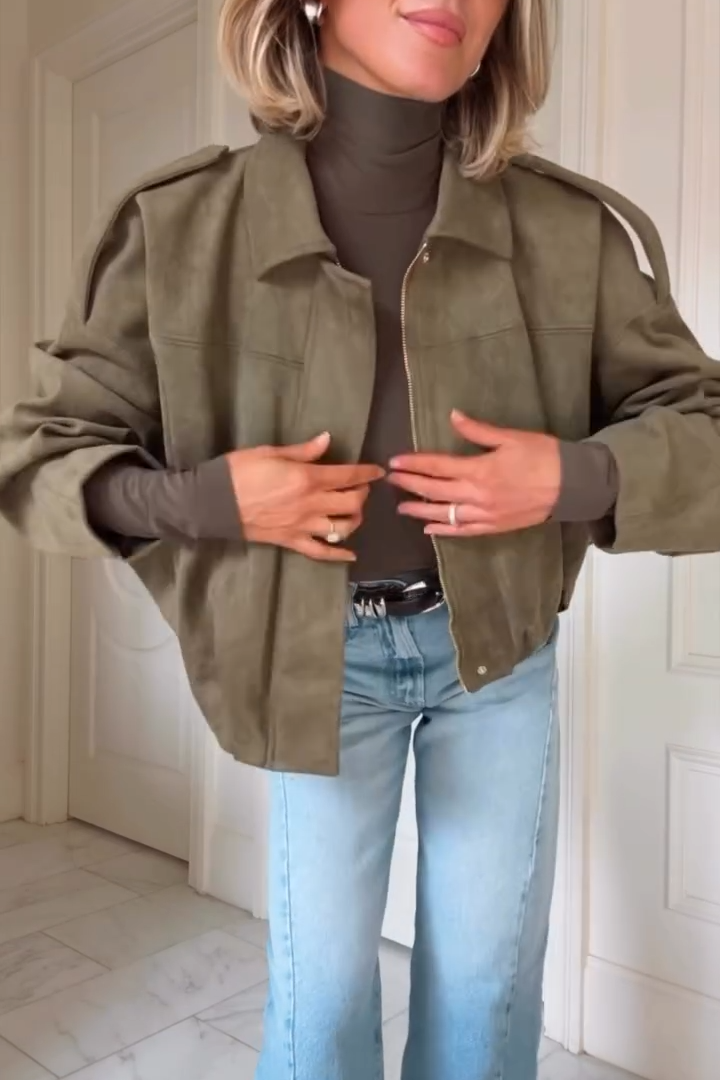 Womens Faux Suede Lapel Pilot Cropped Jacket