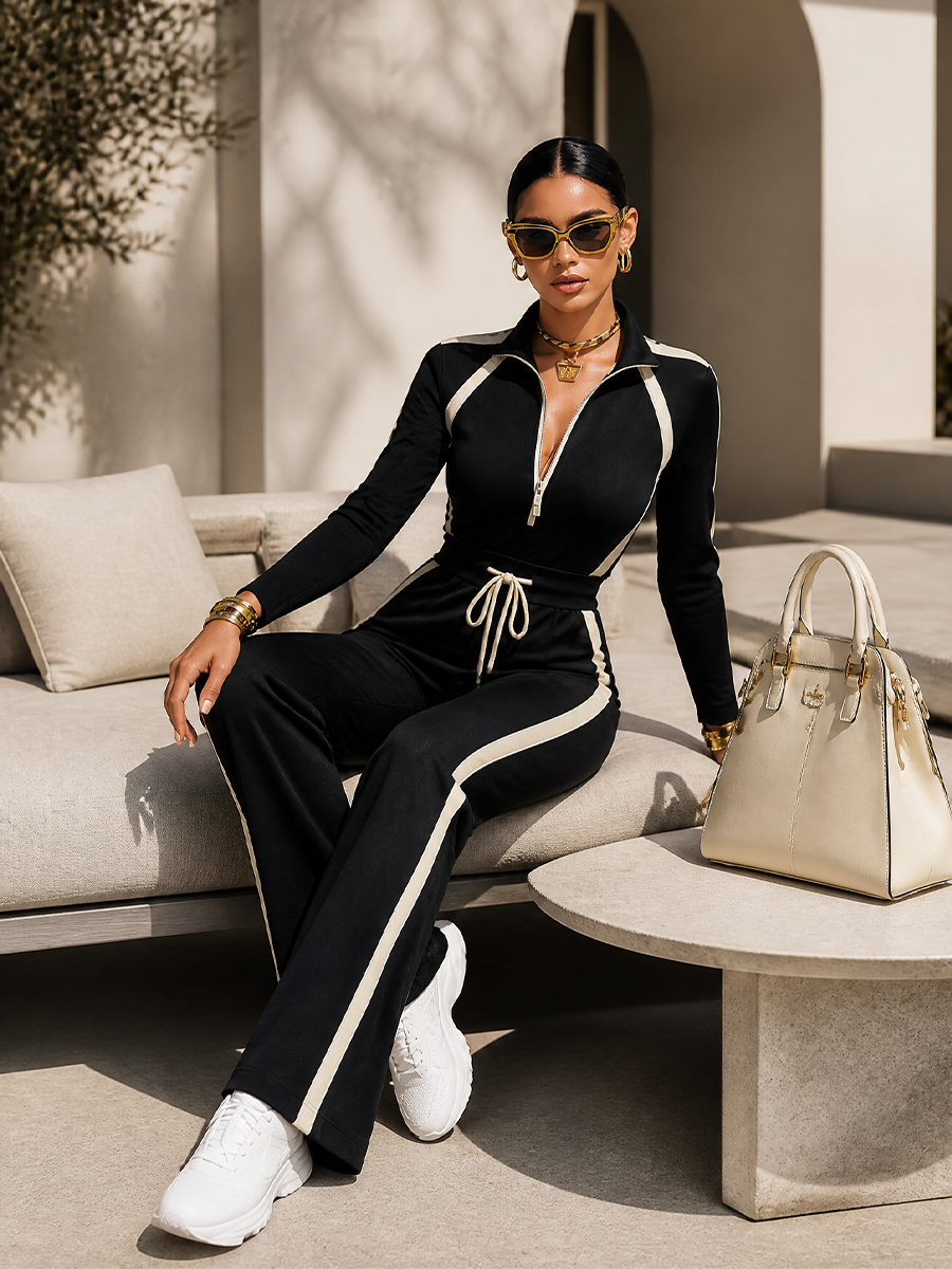 Black Contrast Stripe Tracksuit Set Half Zip Collar Top & Drawstring Waist Wide Leg Pants