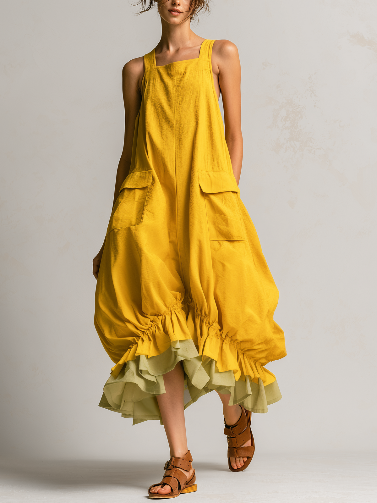 Black Sleeveless Big Pockets Layered Ruffle Hem Bubble Midi Dress