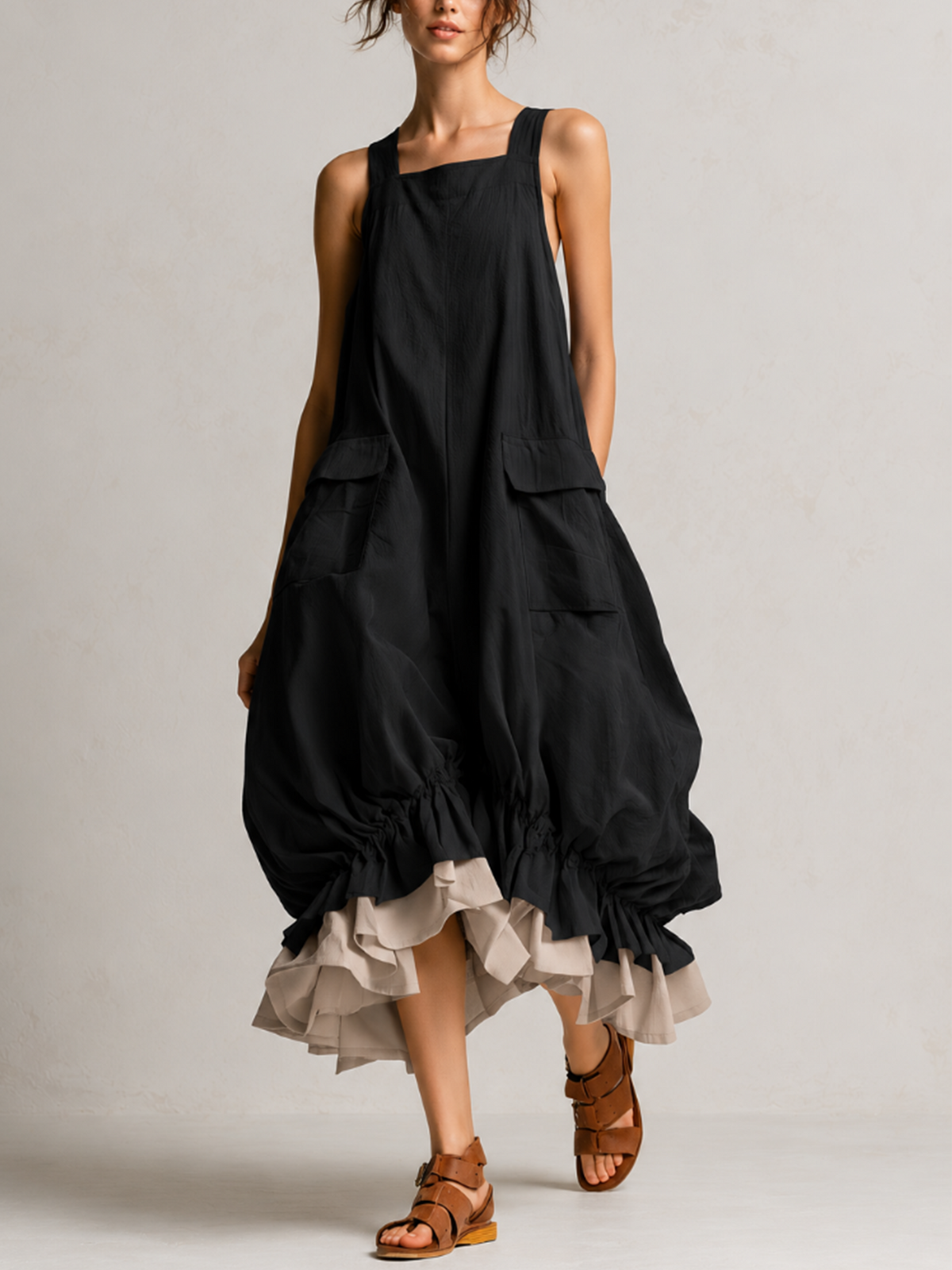 Black Sleeveless Big Pockets Layered Ruffle Hem Bubble Midi Dress