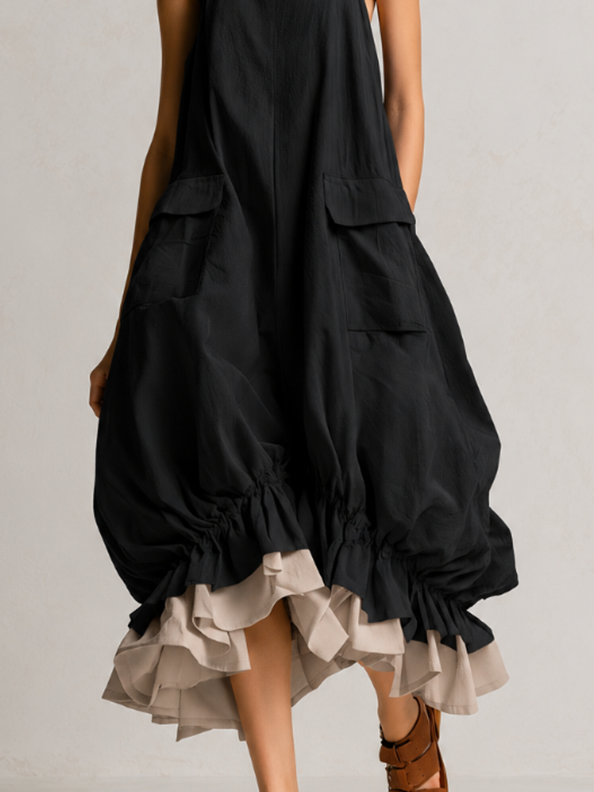 Black Sleeveless Big Pockets Layered Ruffle Hem Bubble Midi Dress