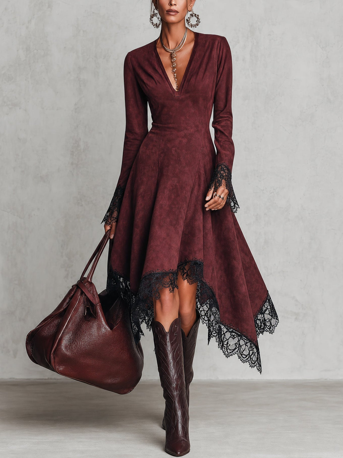 Vintage Burgundy Washed Faux Suede Asymmetrical Midi Dress