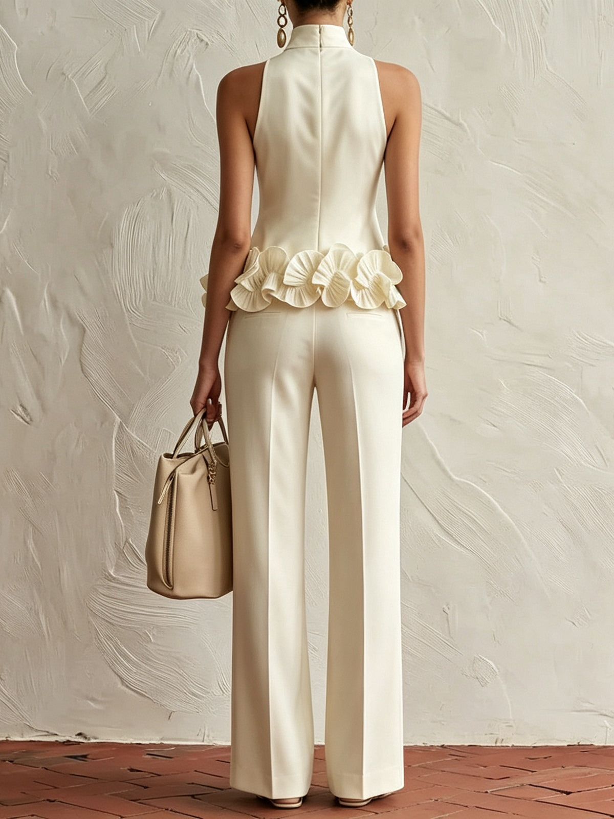Elegant high-neck top with 3D floral hem and trousers set