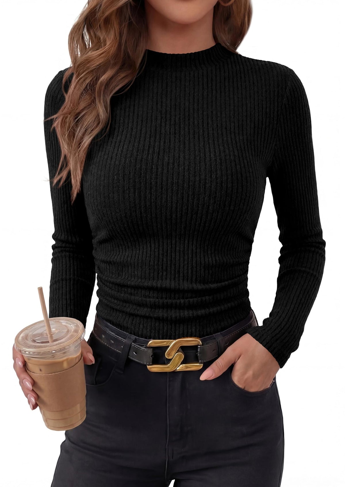 Women's Ribbed Knit Mock Neck Long Sleeve Top – Fitted Ruched Going-Out Top