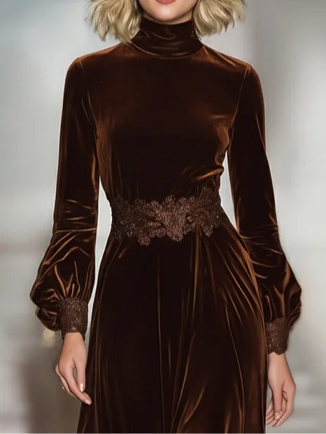 Lace Patchwork Turtleneck Balloon Sleeve Velvet Maxi Dress
