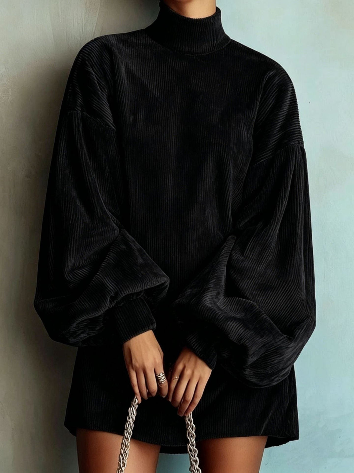 High-neck corduroy lantern-sleeve loose mini dress