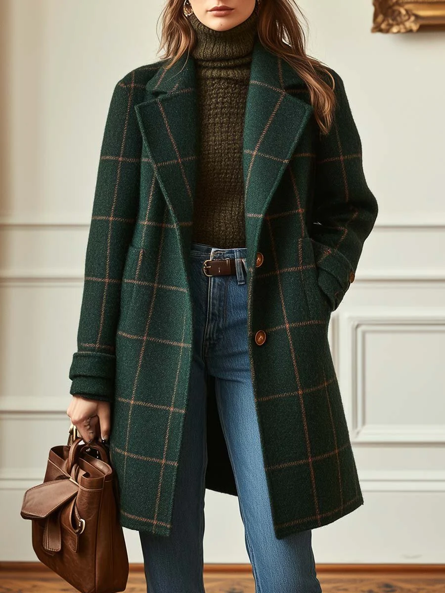 Vintage Green Plaid Lapel Mid-Length Jacket Coat
