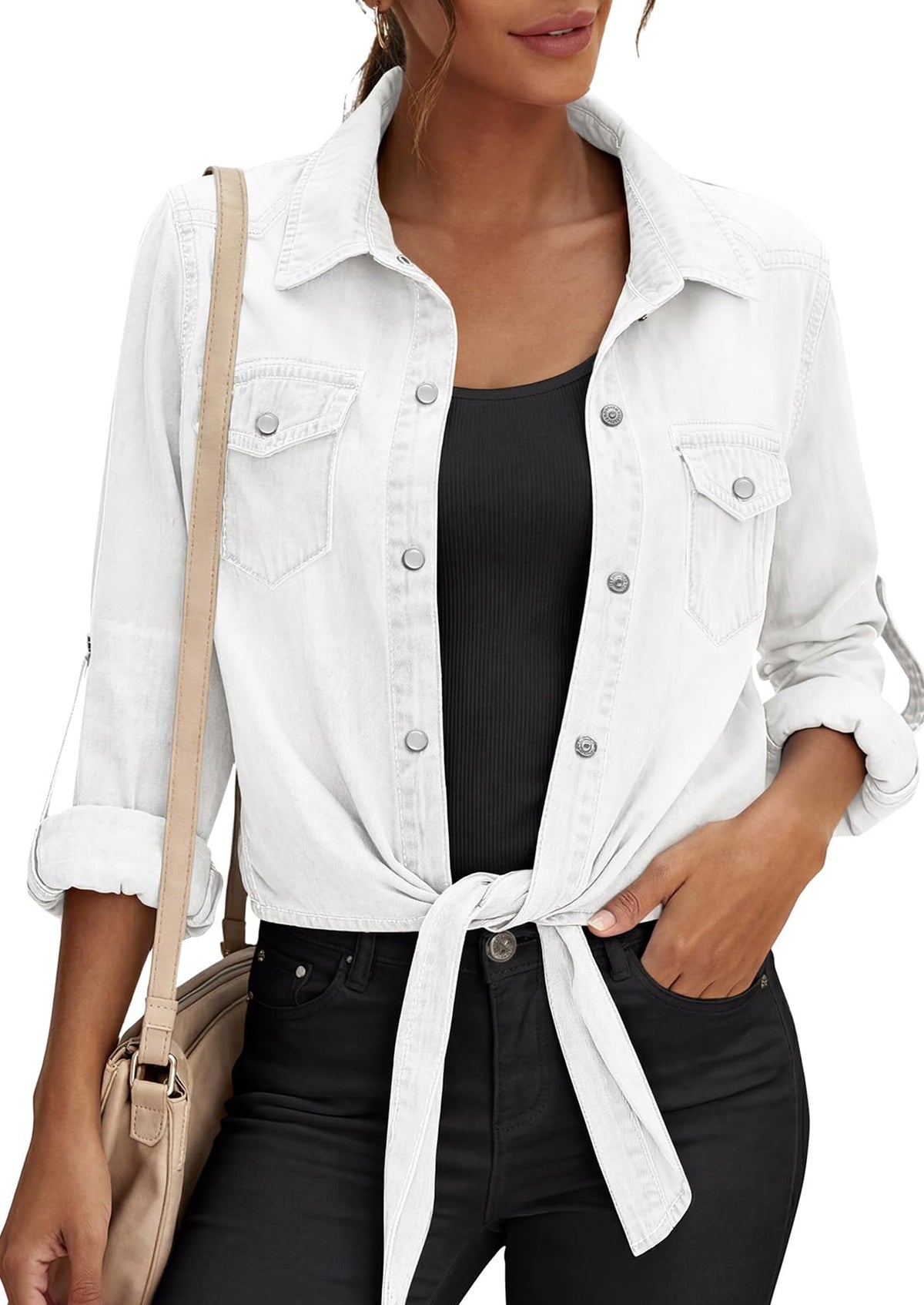 Women's Denim Tie-Front Shirt – Collared Long Sleeve Button-Down Top