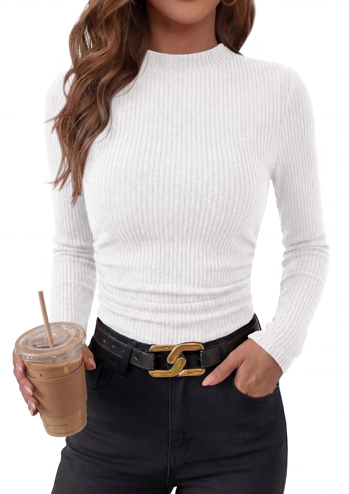 Women's Ribbed Knit Mock Neck Long Sleeve Top – Fitted Ruched Going-Out Top