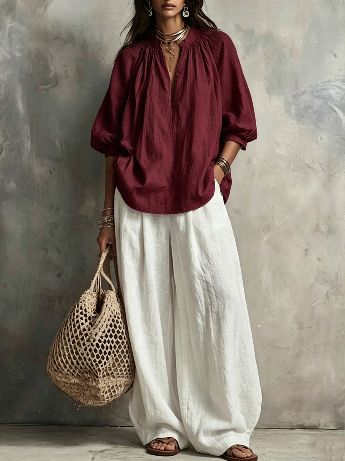 Vintage Solid-Color Puff-Sleeve Top and Wide-Leg Pants Set