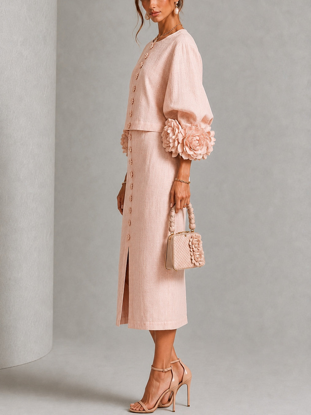 Pink Floral Button-front Top And Skirt Set Featuring Striking Floral Cuffs