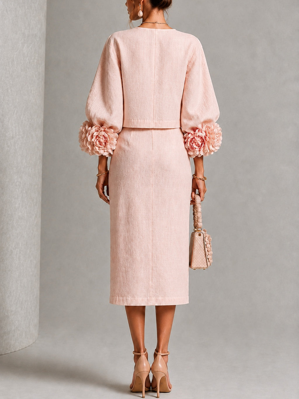 Pink Floral Button-front Top And Skirt Set Featuring Striking Floral Cuffs