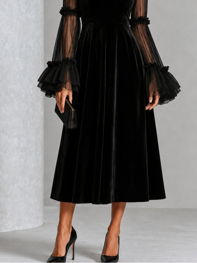 Black Velvet And Sheer Mesh Spliced Pleated Midi Dress