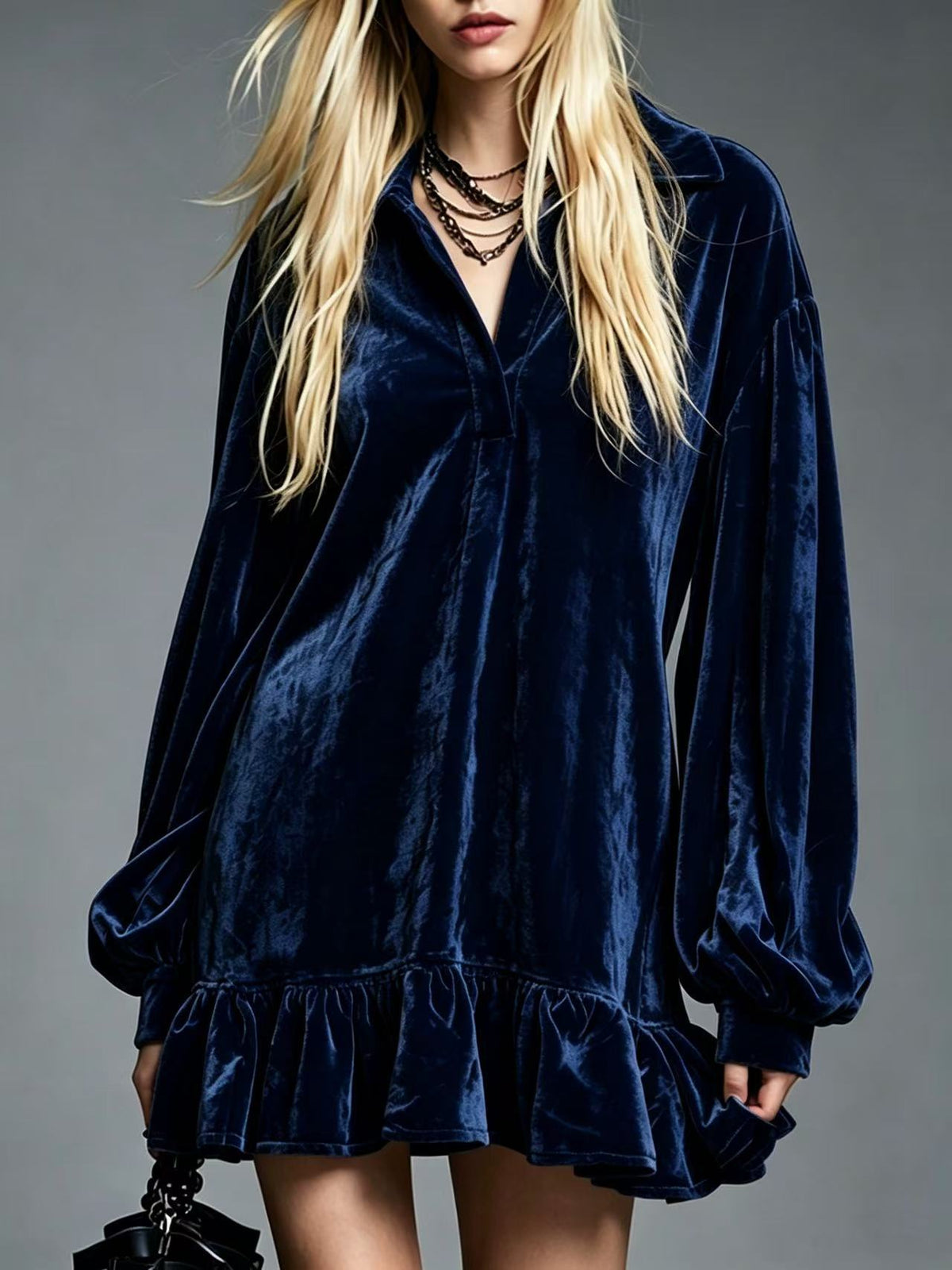 Velvet Mini Dress with Lantern Sleeves Ruffled Hem