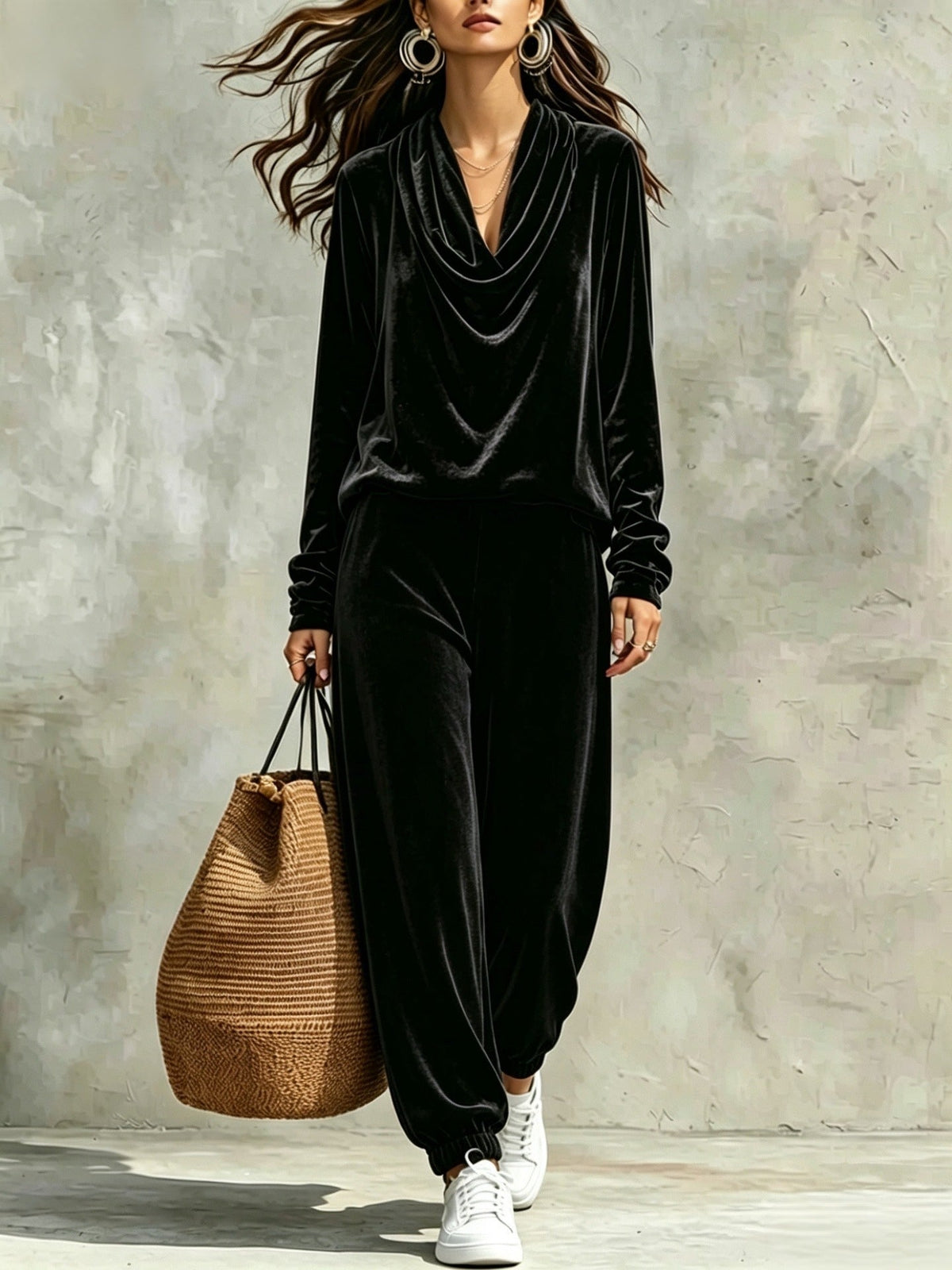 Black Velvet Cowl-neck Top And Loose-fitting Cuffed-hem Pants Set