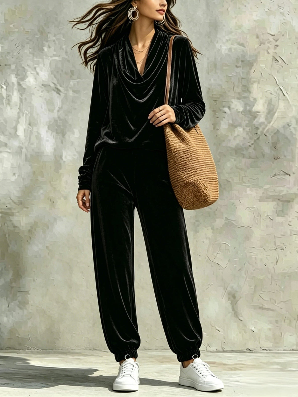Black Velvet Cowl-neck Top And Loose-fitting Cuffed-hem Pants Set