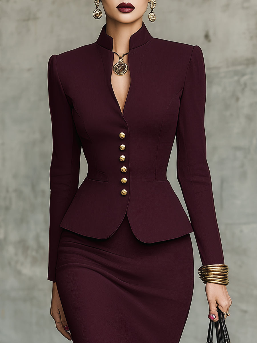 Burgundy Ruffled Hem Top and Skirt Set with Gold-Tone Buttons