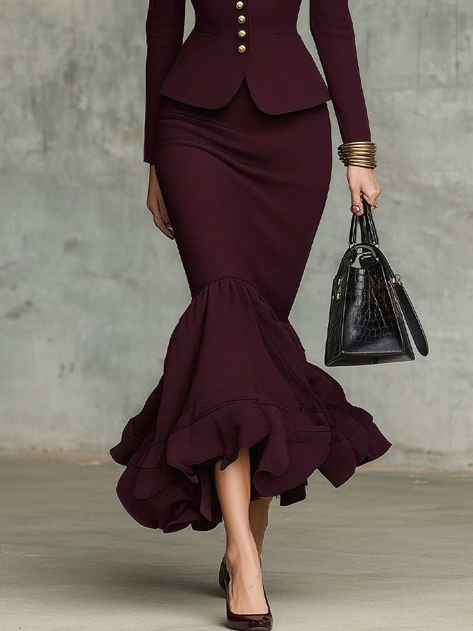 Burgundy Ruffled Hem Top and Skirt Set with Gold-Tone Buttons