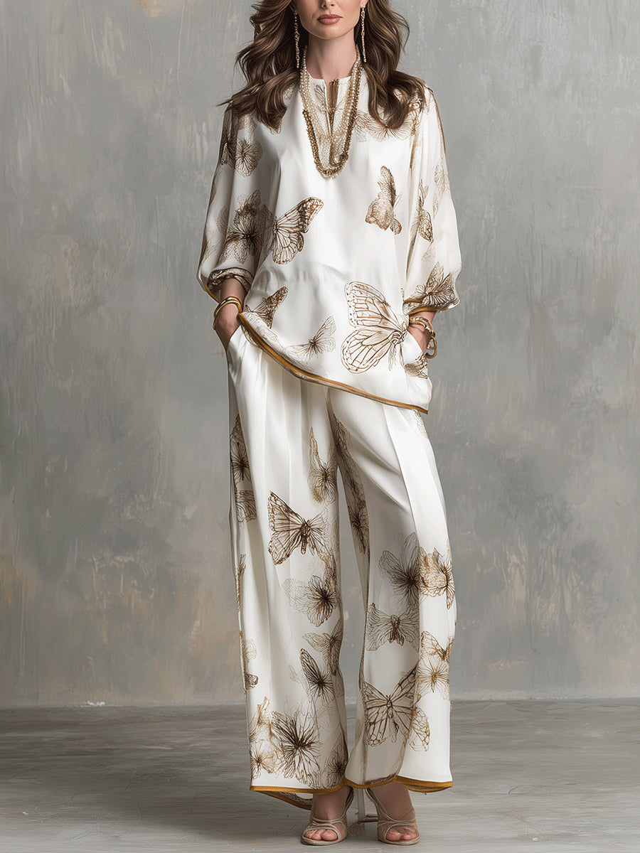 Ivory Satin V-Neck Butterfly-Print Top and Wide-Leg Trousers Set