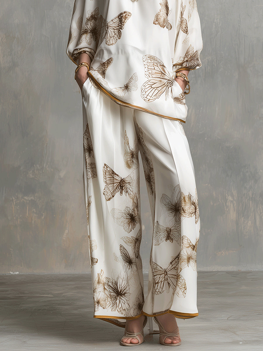 Ivory Satin V-Neck Butterfly-Print Top and Wide-Leg Trousers Set