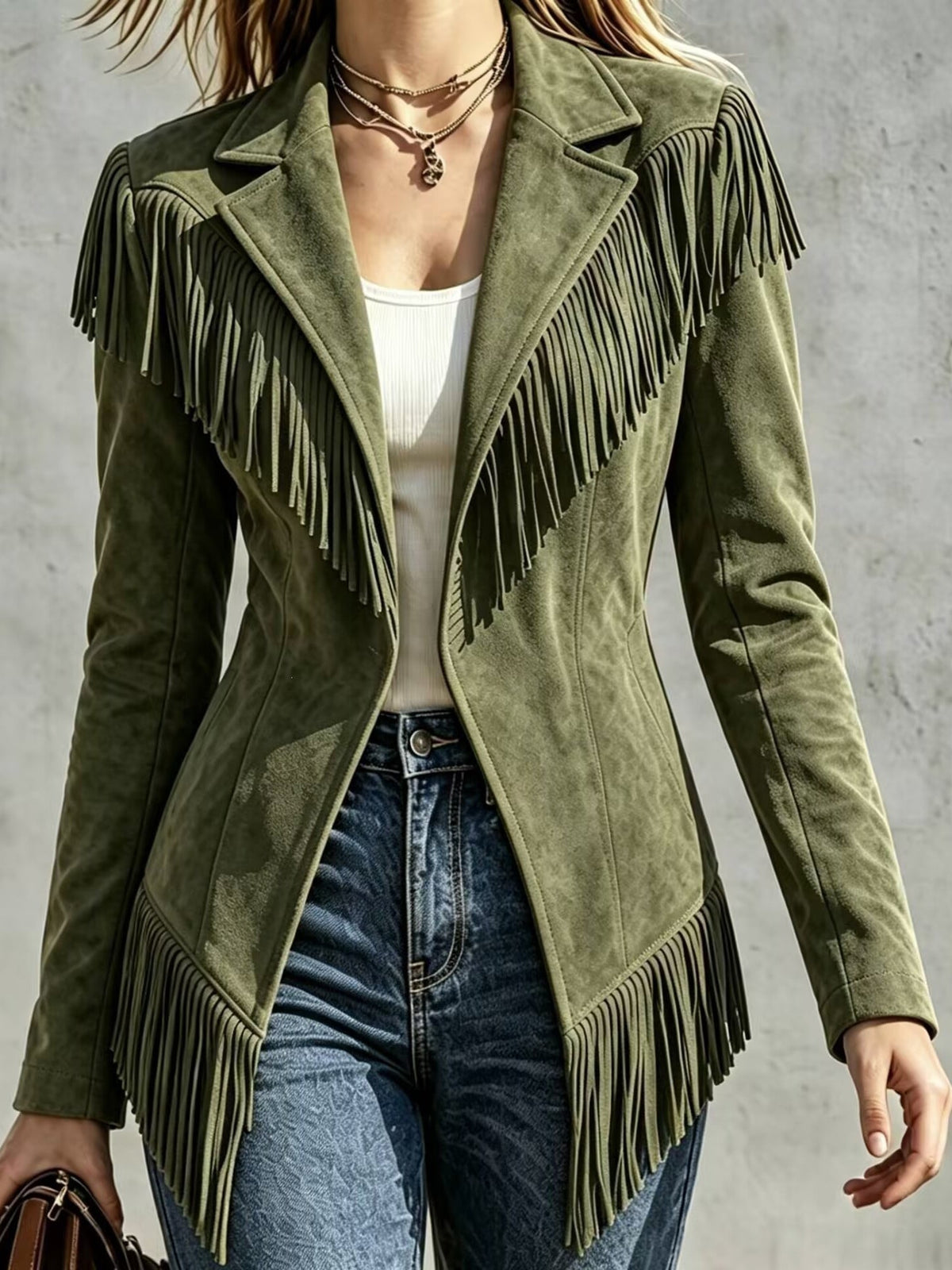 Faux Suede Slim-Fit Lapel Long-Sleeve Jacket with Fringe Detail