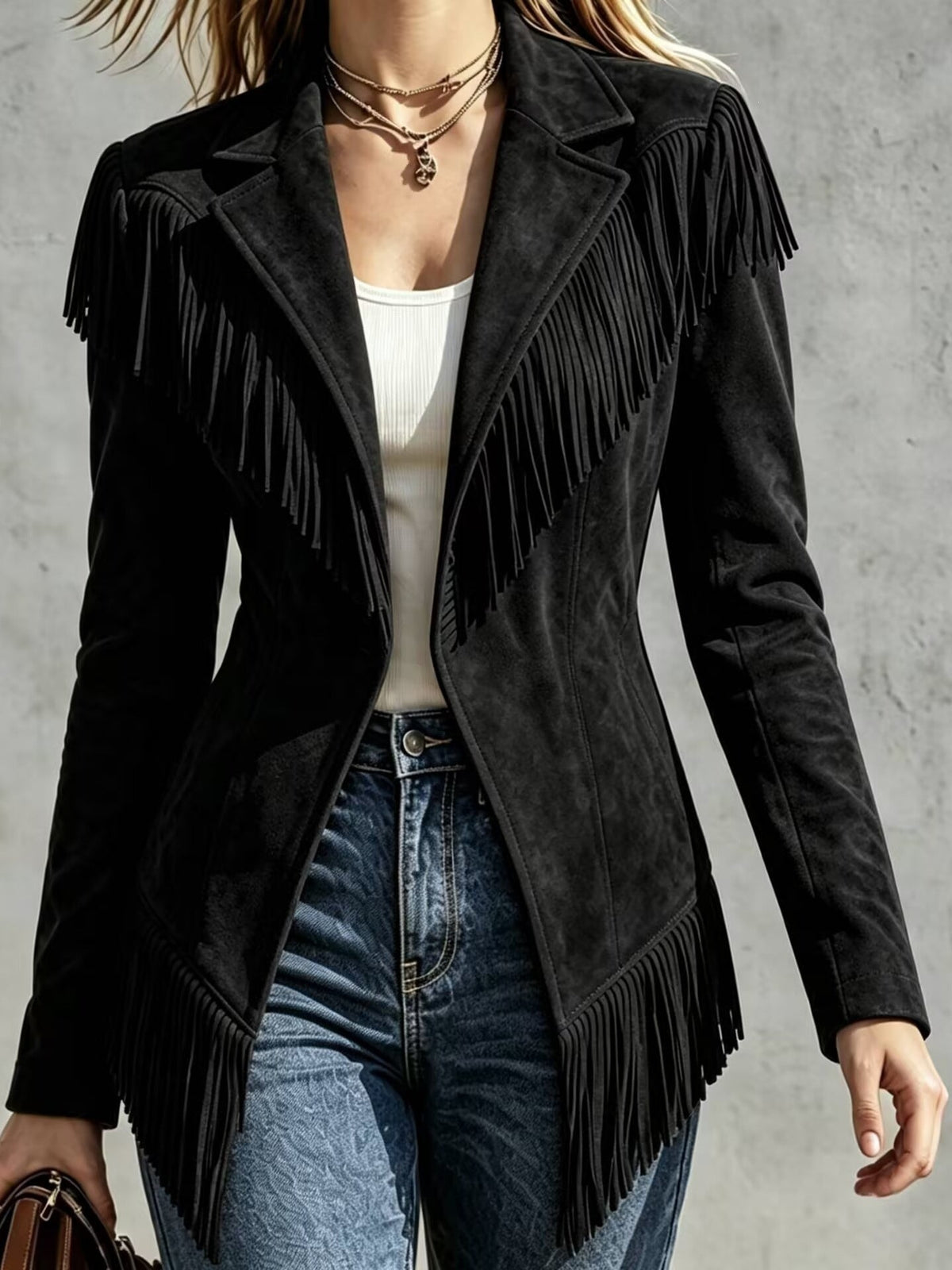 Faux Suede Slim-Fit Lapel Long-Sleeve Jacket with Fringe Detail