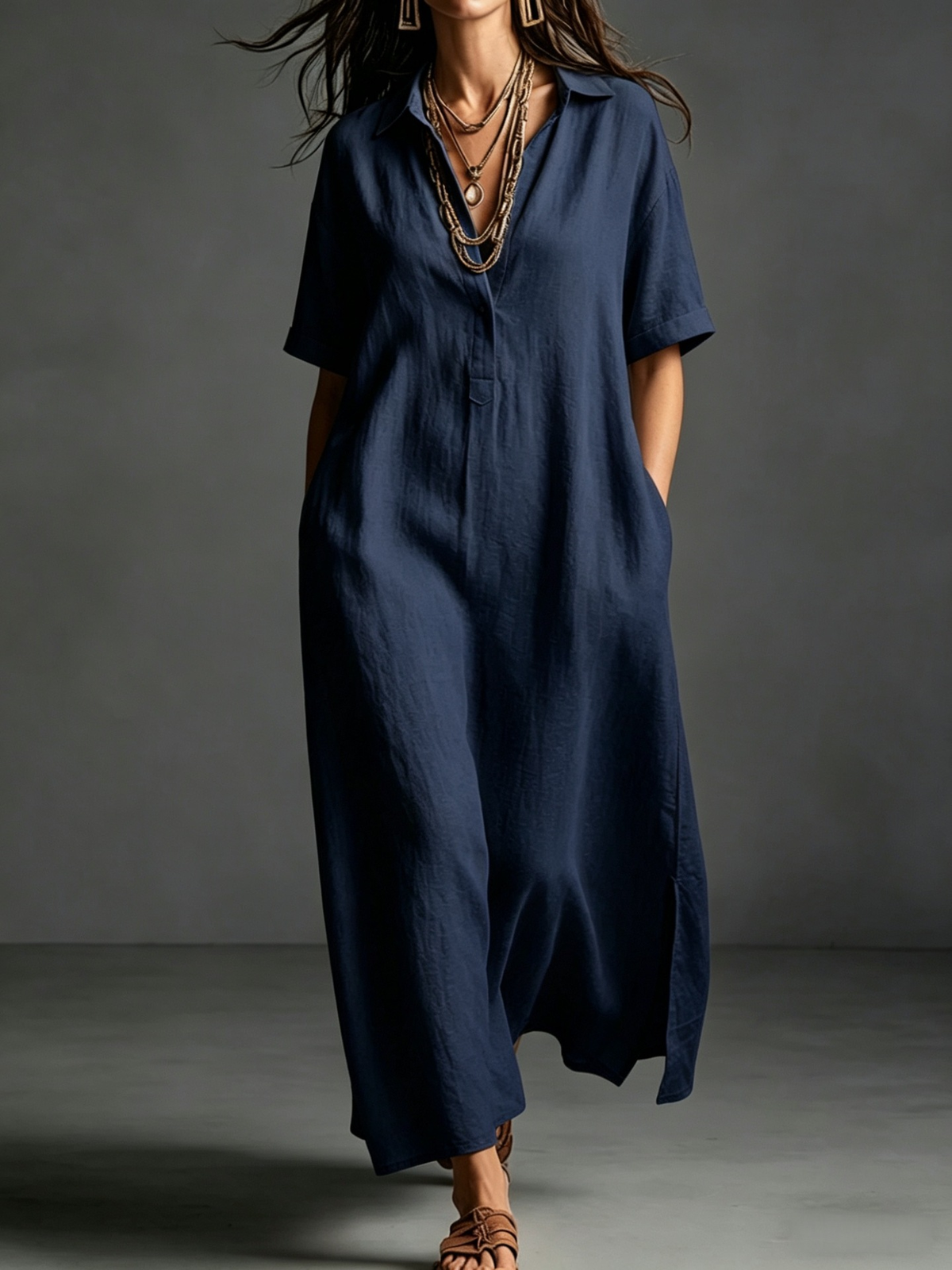 Minimalist Solid-color Short-sleeve Maxi Shirt Dress