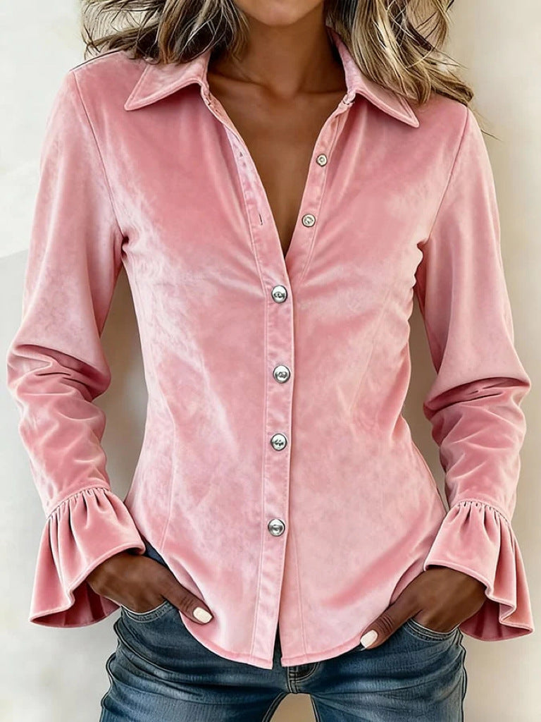 Velvet Button-Front Long-Sleeve Ruffled Shirt