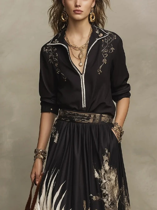 Black Gold Artistic Print Half-zip Shirt And Flowy Floral Midi Skirt Set