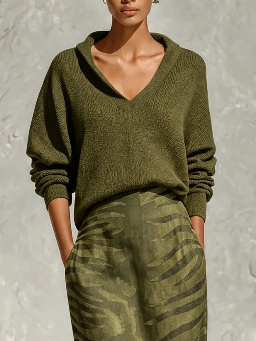 Olive Green Collar Knit Top and Zebra Linen Midi Skirt Two-Piece Set