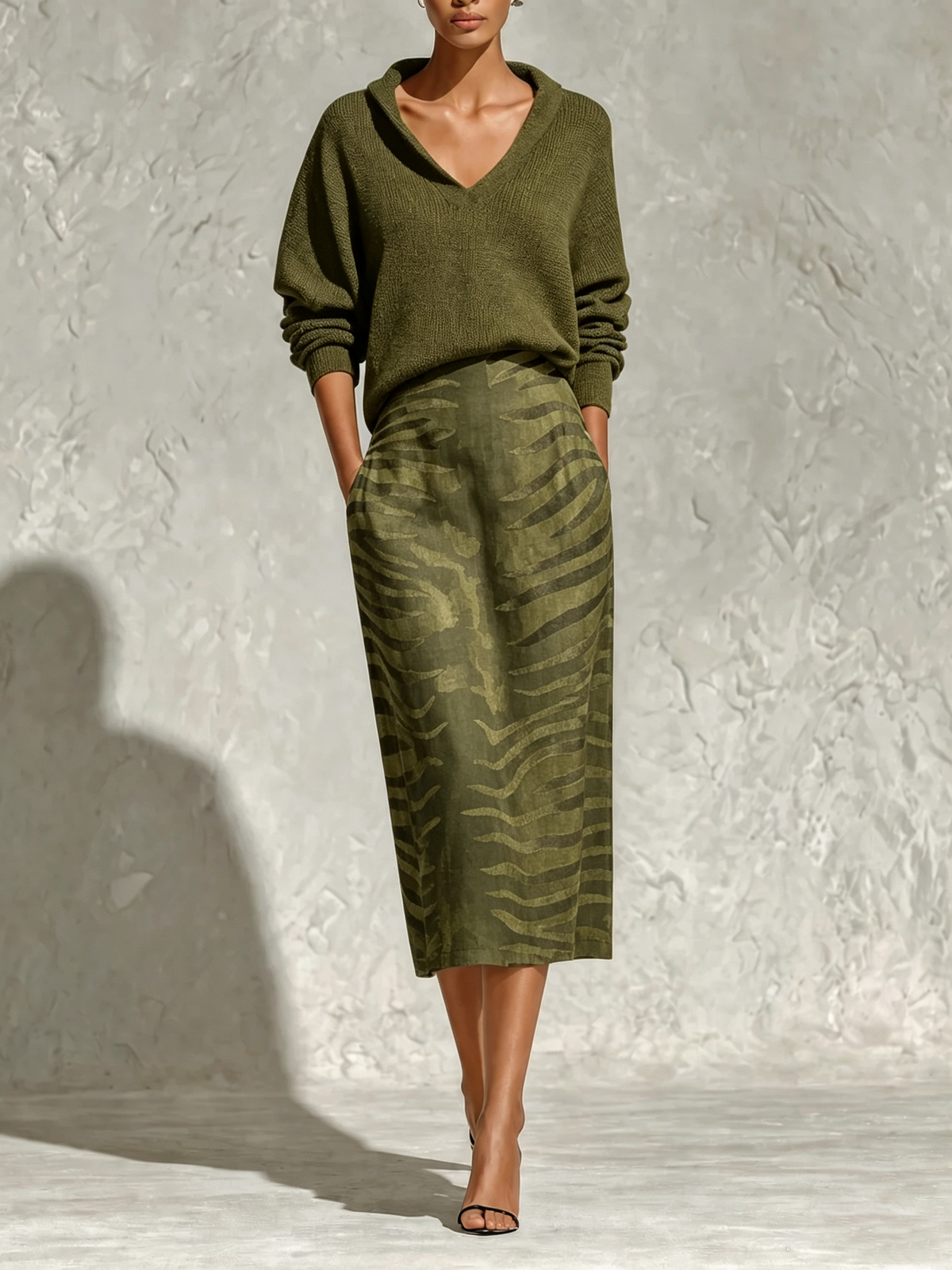 Olive Green Collar Knit Top and Zebra Linen Midi Skirt Two-Piece Set