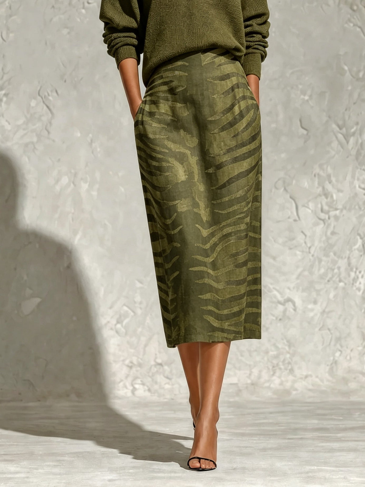 Olive Green Collar Knit Top and Zebra Linen Midi Skirt Two-Piece Set