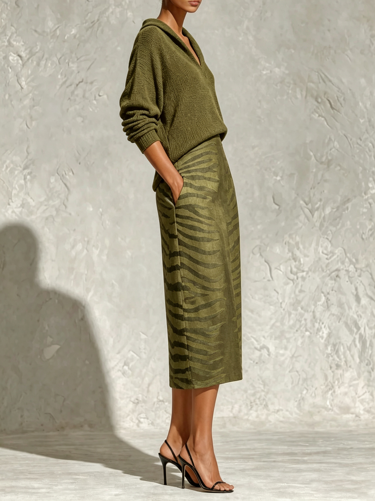 Olive Green Collar Knit Top and Zebra Linen Midi Skirt Two-Piece Set