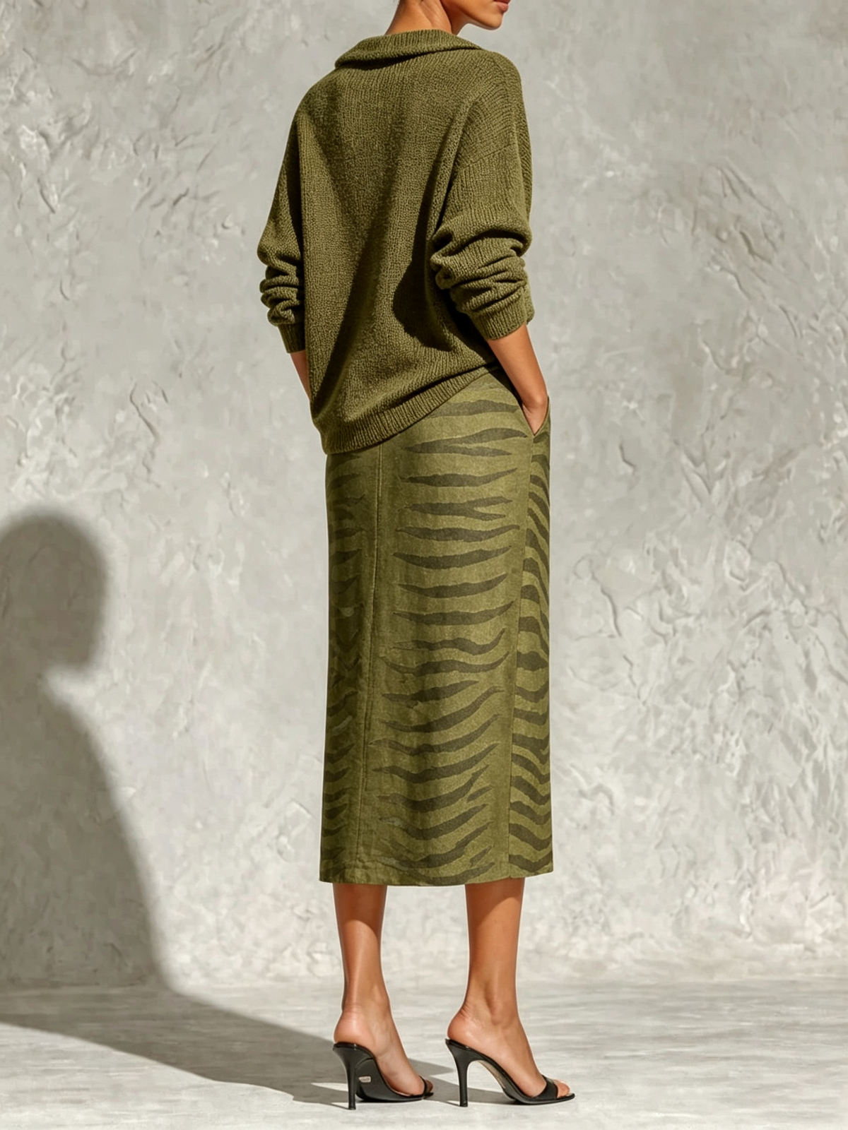 Olive Green Collar Knit Top and Zebra Linen Midi Skirt Two-Piece Set