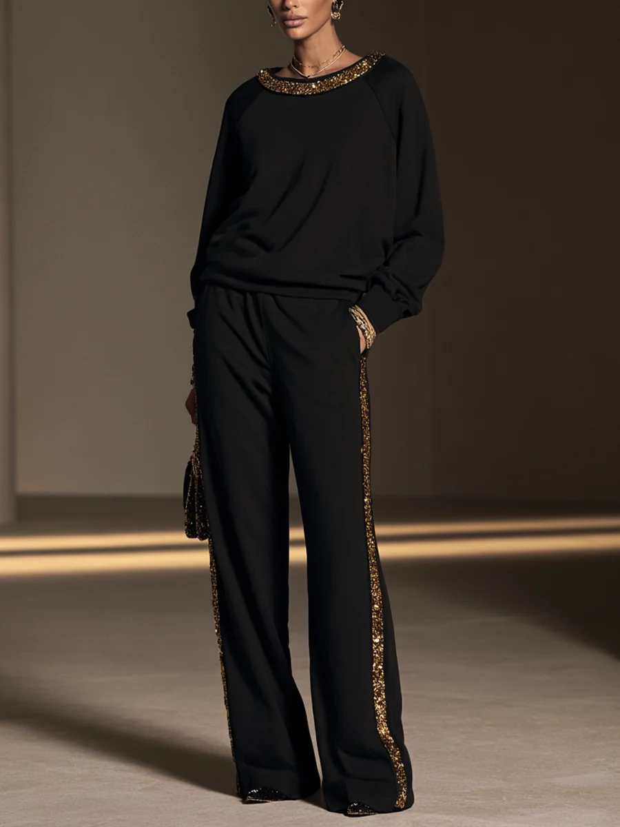 Black Gold Sequin-trimmed Boat-neck Top And Wide-leg Trousers Set