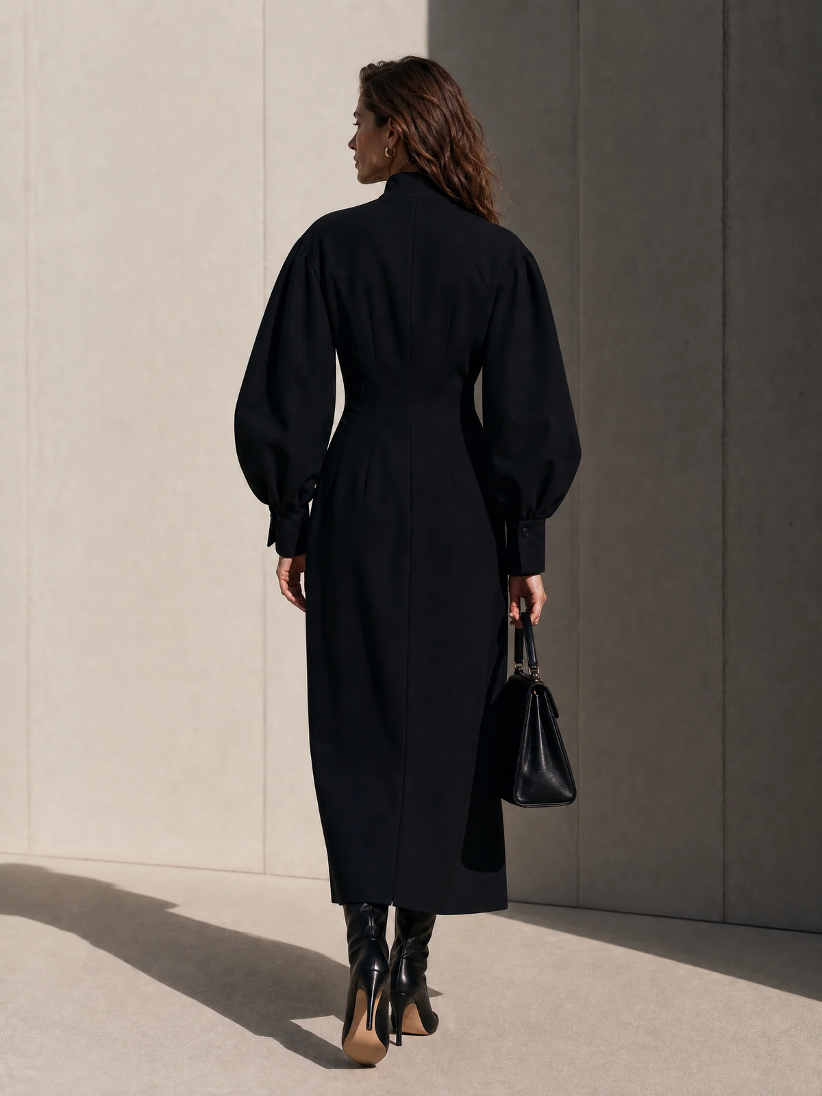 Black Front-Zip Midi Dress with Puff Lantern Sleeves
