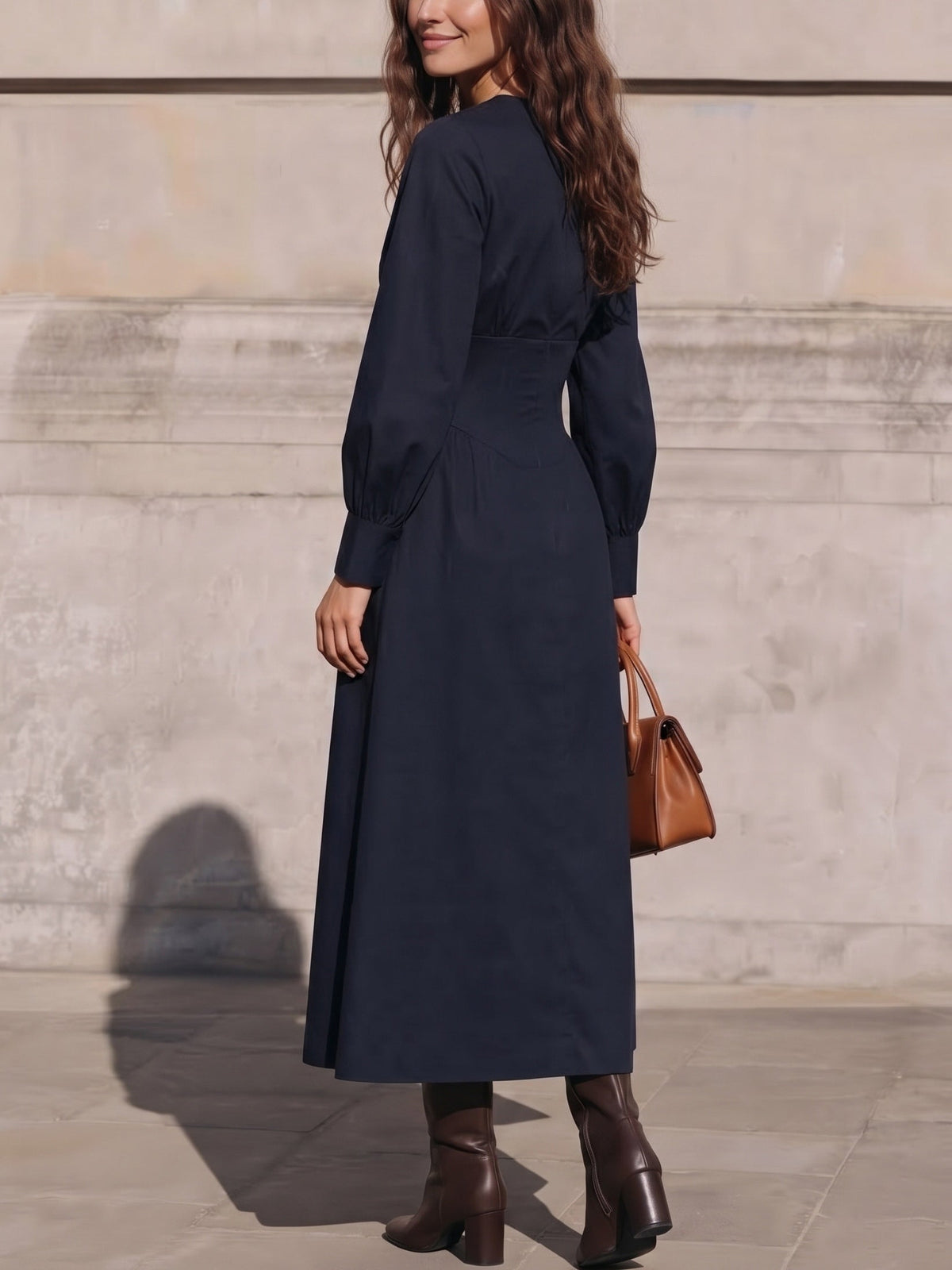 Navy Corset Waist Shirt Midi Dress